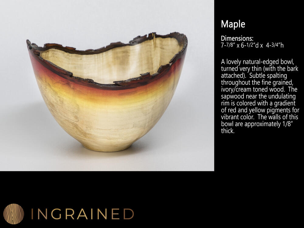 Maple wood turned bowl red and yellow dye at bark rim fine art woodturning